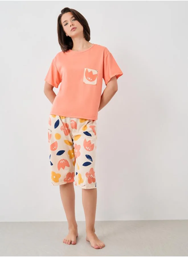 تايك تو Take Two Floral Printed Short Sleeve T-Shirt and Shorts Sets