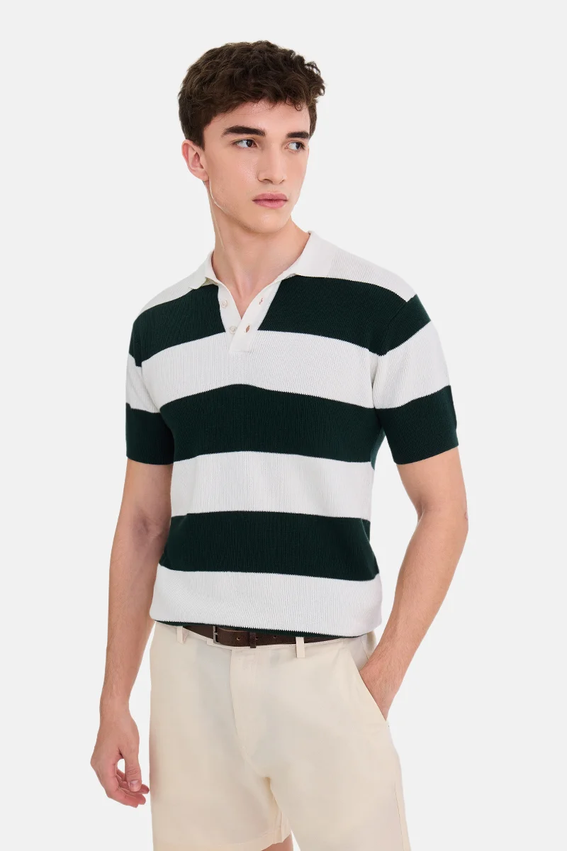 سنيتش Dark Green Striped Half Sleeve Regular Fit Casual T-Shirt