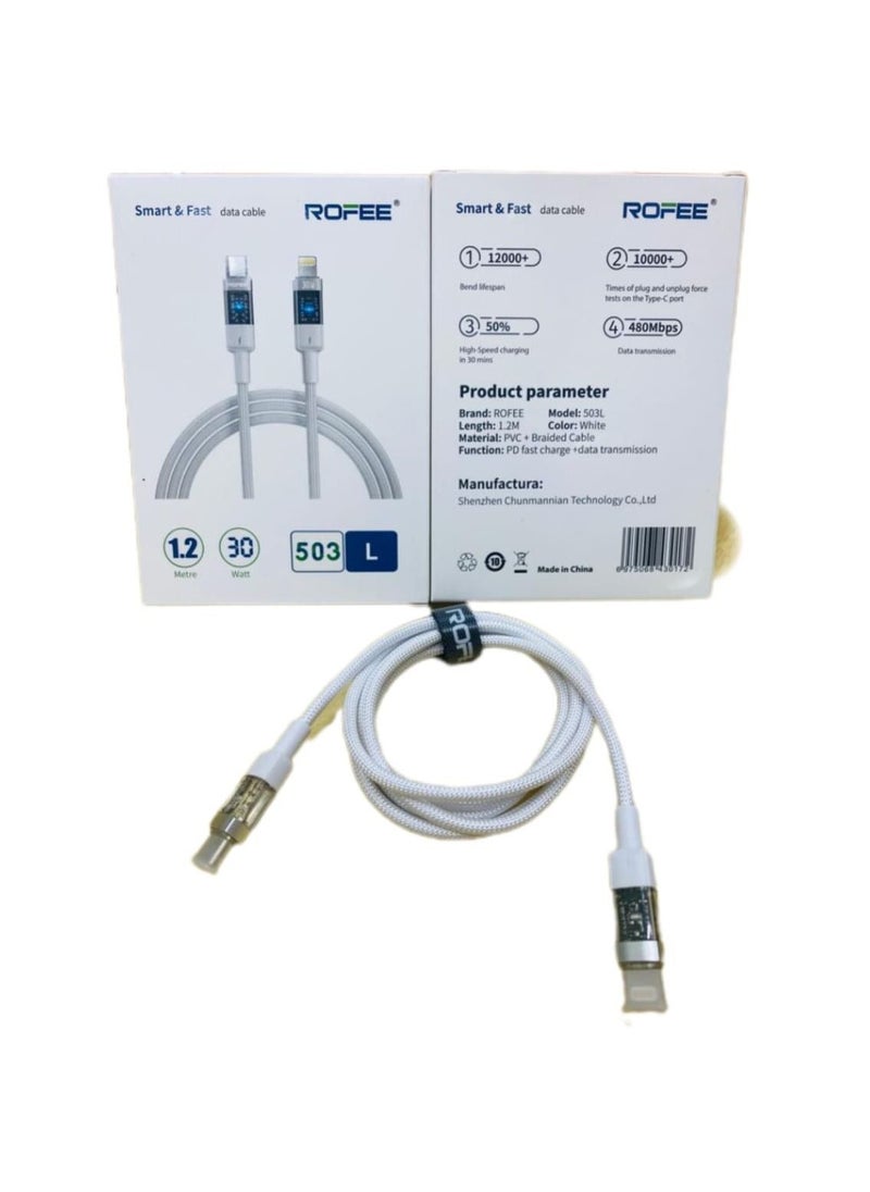Generic - ROFEE 30W  Smart & Fast Data  Cable USB-C TO Lightning 1.2 Meter White - Image 1