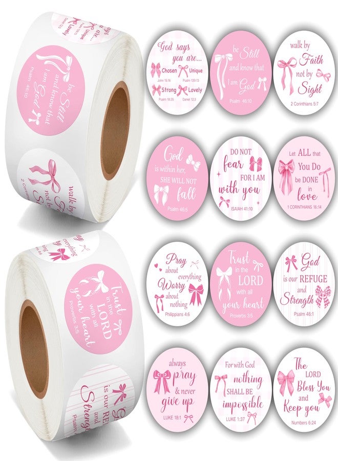 BeYumi Coquette Bows Christian Sticker - 500Pcs Pink Bows Bible Verse Stickers in 2 Rolls Waterproof Scripture Inspirational Decal Religious Faith Tags for Gift Laptop Bottle Scrapbook Envelope Decor - Image 1