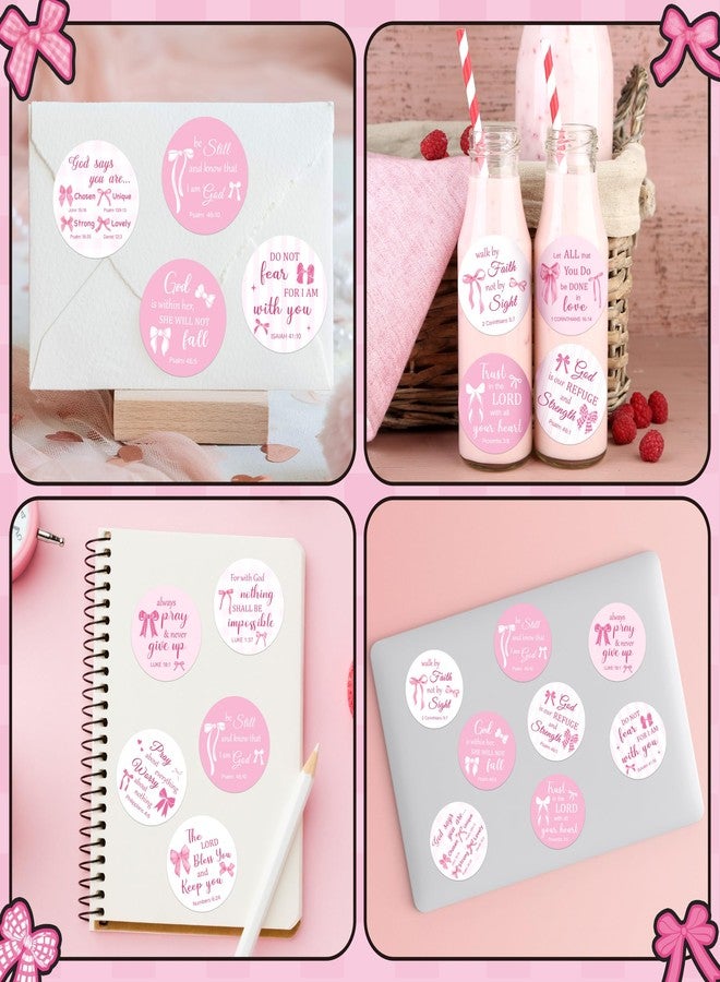 BeYumi Coquette Bows Christian Sticker - 500Pcs Pink Bows Bible Verse Stickers in 2 Rolls Waterproof Scripture Inspirational Decal Religious Faith Tags for Gift Laptop Bottle Scrapbook Envelope Decor - Image 4