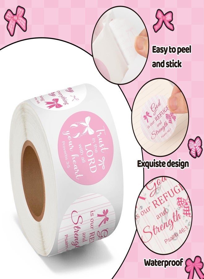 BeYumi Coquette Bows Christian Sticker - 500Pcs Pink Bows Bible Verse Stickers in 2 Rolls Waterproof Scripture Inspirational Decal Religious Faith Tags for Gift Laptop Bottle Scrapbook Envelope Decor - Image 3