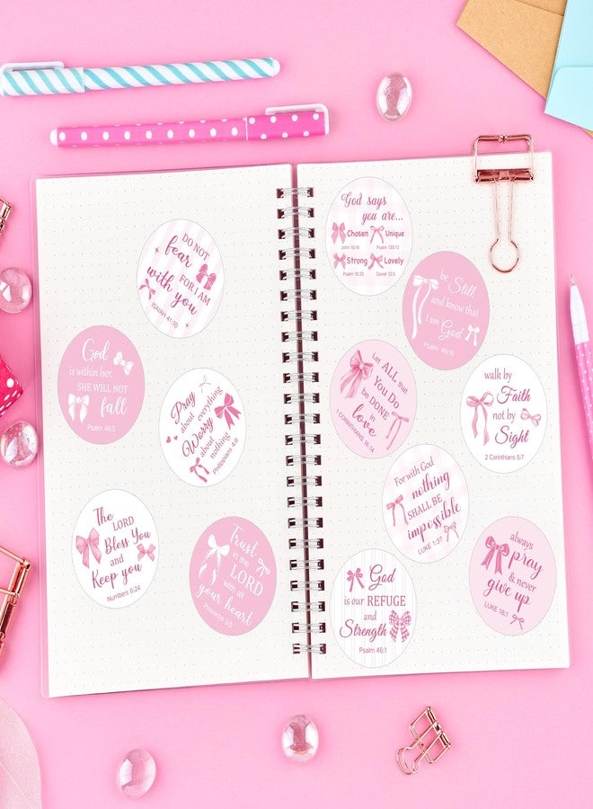 BeYumi Coquette Bows Christian Sticker - 500Pcs Pink Bows Bible Verse Stickers in 2 Rolls Waterproof Scripture Inspirational Decal Religious Faith Tags for Gift Laptop Bottle Scrapbook Envelope Decor - Image 5