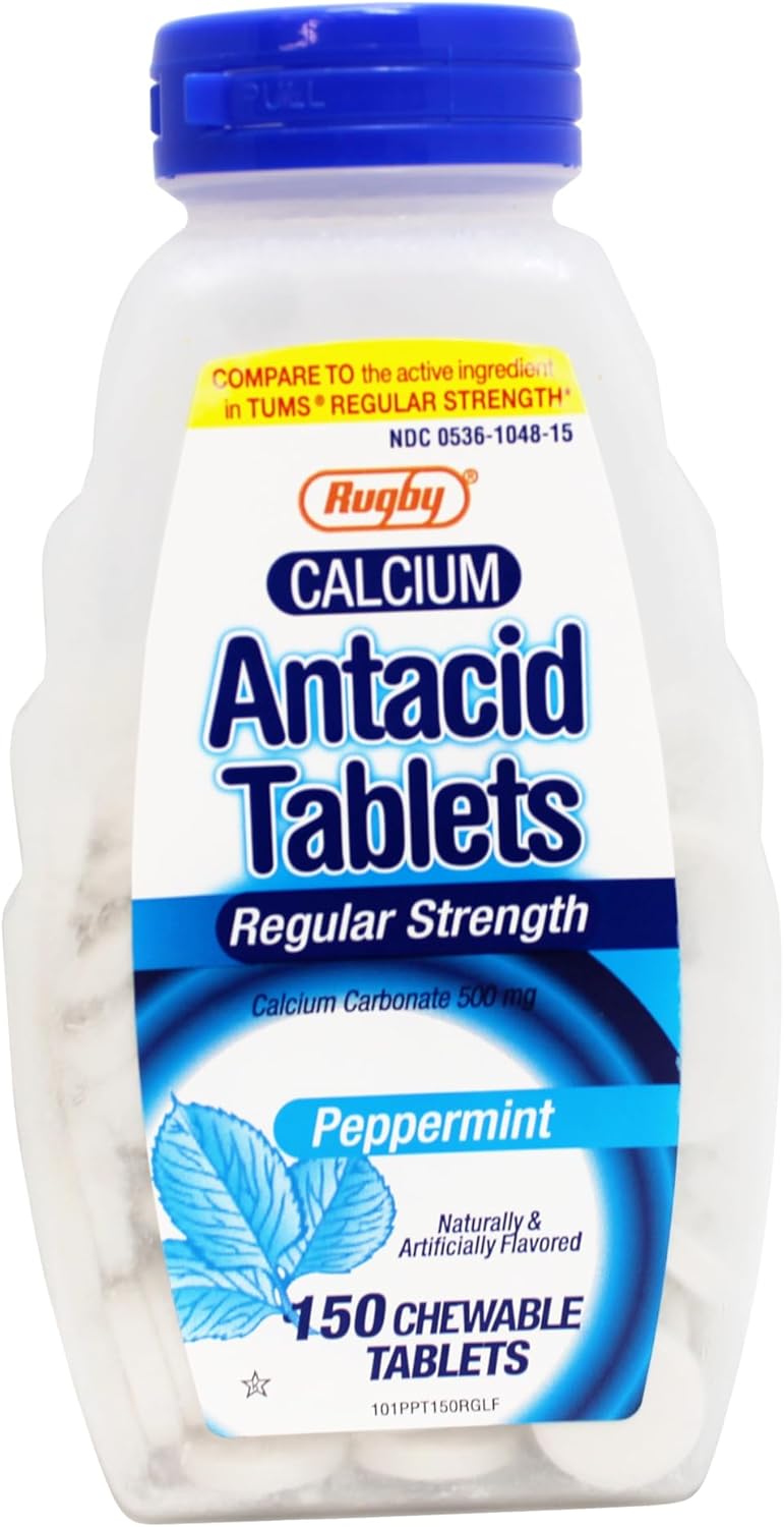 RUGBY LABORATORIES Rugby Calcium Carbonate 500mg Antacid Tablets Peppermint, Regular Strengh, 150 Chewable Tablets 