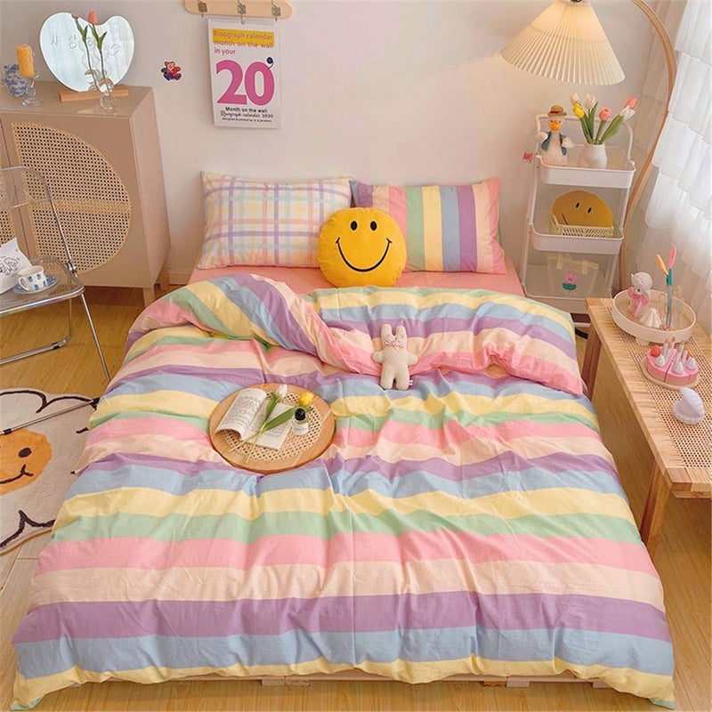 VM VOUGEMARKET VM VOUGEMARKET Rainbow Duvet Cover Set Twin3 Pieces Colorful Stripes Duvet Cover with Zipper ClosurePremium Cotton Cute Lovely Lightweight Girls Bedding SetTwinRainbow 