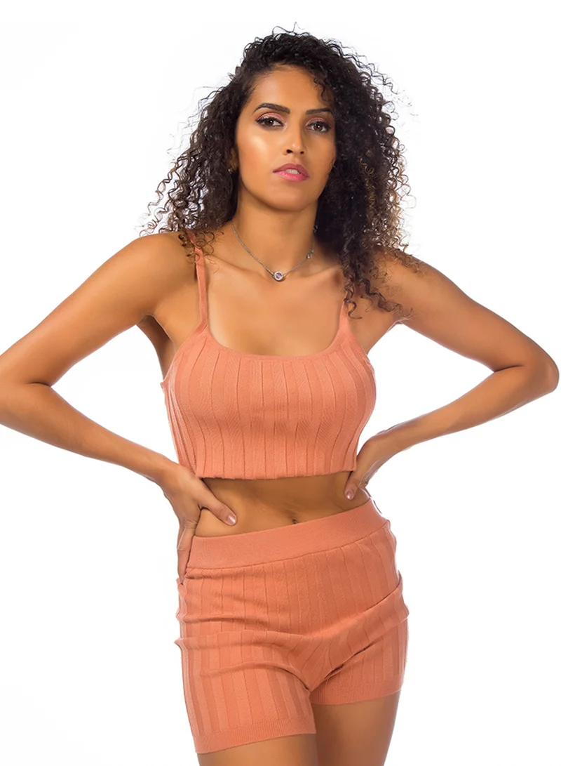 London Rag Rib Knit Spaghetti Crop Top in Desert Sand