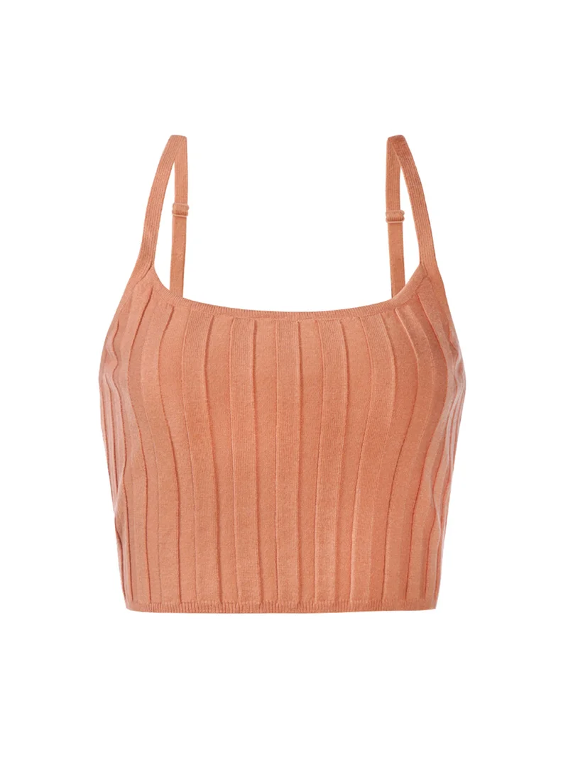 London Rag Rib Knit Spaghetti Crop Top in Desert Sand