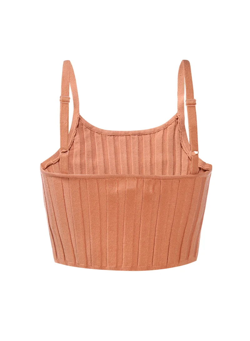 London Rag Rib Knit Spaghetti Crop Top in Desert Sand