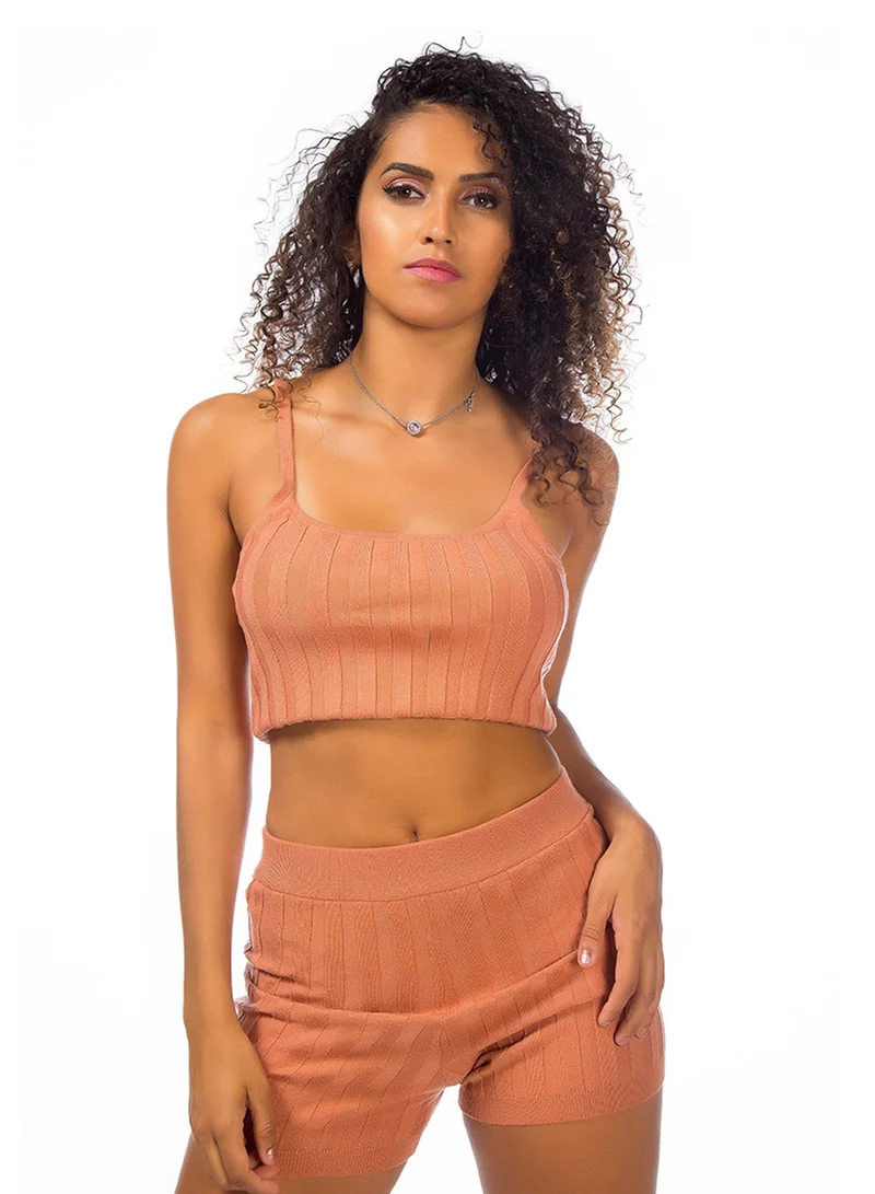 London Rag Rib Knit Spaghetti Crop Top in Desert Sand