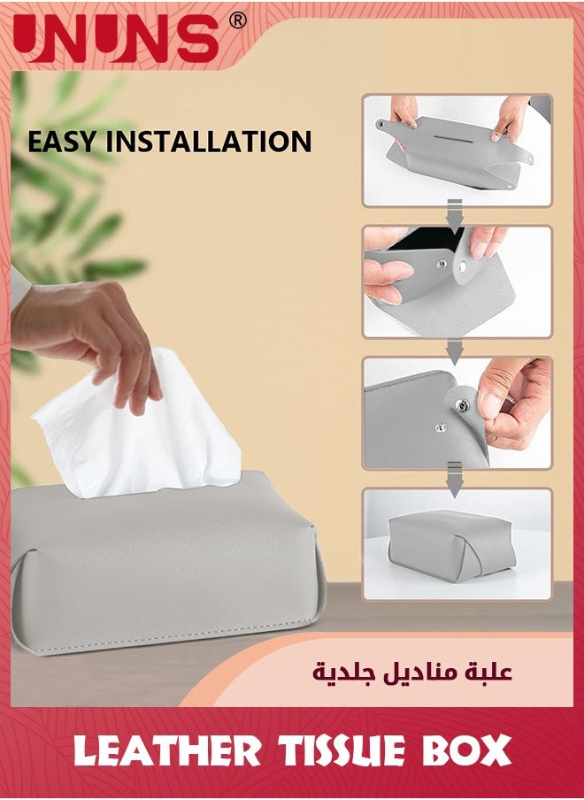 UNUNS حامل غطاء علبة مناديل جلدي، حامل علبة مناديل مستطيل قابل للطي لغرفة المعيشة وغرفة النوم والمكتب وديكورات المنزل وغطاء علبة مناديل للسيارة، رمادي  - Image 2