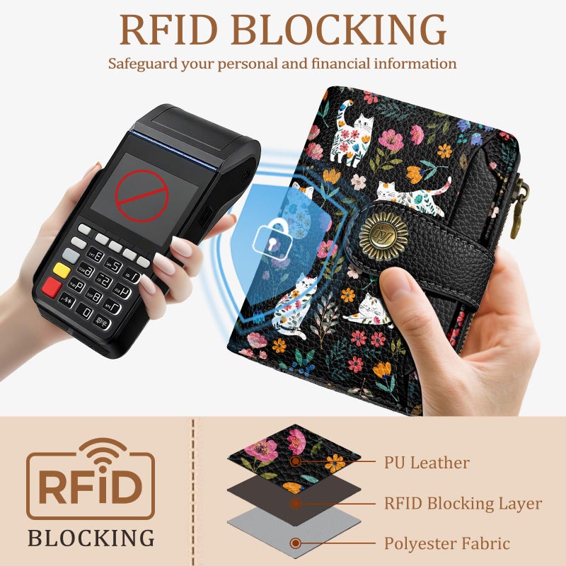 Icycay Flowers Cat Wallet Women Small RFID Blocking Bifold, Cute Credit Card Holder, Zipper Coin Pocket, PU Leather, Compact, Travel, 4 ID Window, 14 Card Slots, Cash Purse, Ladies Woman Female Girls - Image 3
