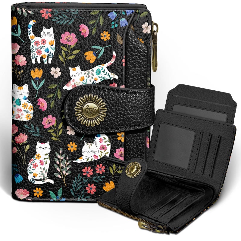 Icycay Flowers Cat Wallet Women Small RFID Blocking Bifold, Cute Credit Card Holder, Zipper Coin Pocket, PU Leather, Compact, Travel, 4 ID Window, 14 Card Slots, Cash Purse, Ladies Woman Female Girls - Image 1