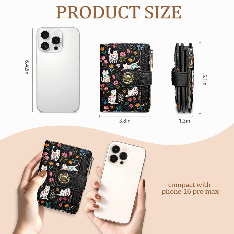 Icycay Flowers Cat Wallet Women Small RFID Blocking Bifold, Cute Credit Card Holder, Zipper Coin Pocket, PU Leather, Compact, Travel, 4 ID Window, 14 Card Slots, Cash Purse, Ladies Woman Female Girls - Image 4