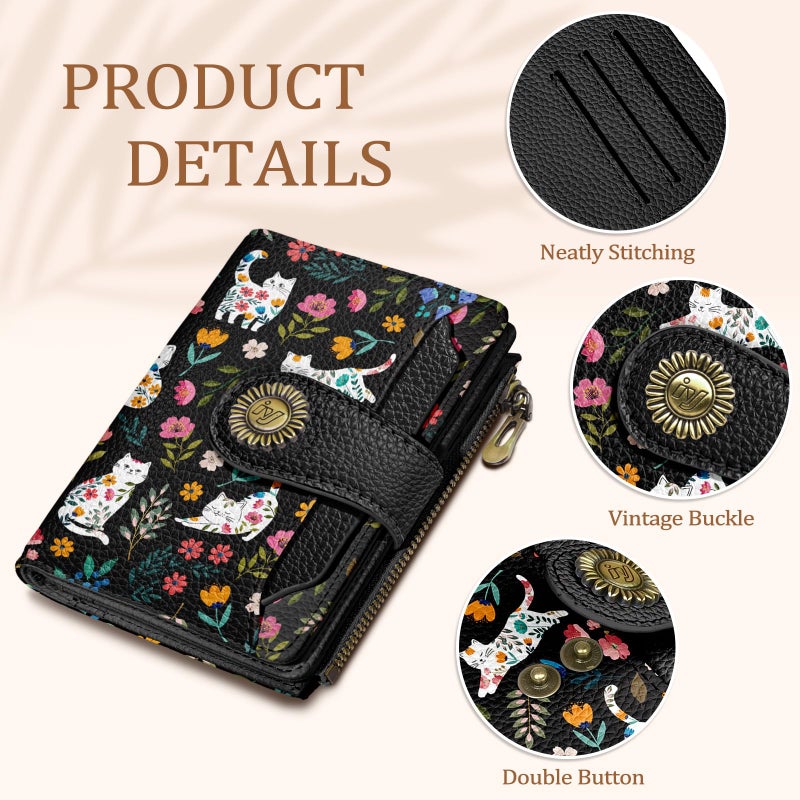 Icycay Flowers Cat Wallet Women Small RFID Blocking Bifold, Cute Credit Card Holder, Zipper Coin Pocket, PU Leather, Compact, Travel, 4 ID Window, 14 Card Slots, Cash Purse, Ladies Woman Female Girls - Image 5