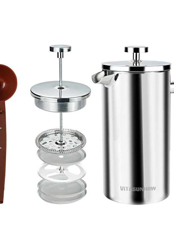 VITASUNHOW Insulated French Press Coffee Maker Stainless Steel Double-Wall Metal 3 Level Filtration System, Rust-Free Dishwasher Safe - Image 1