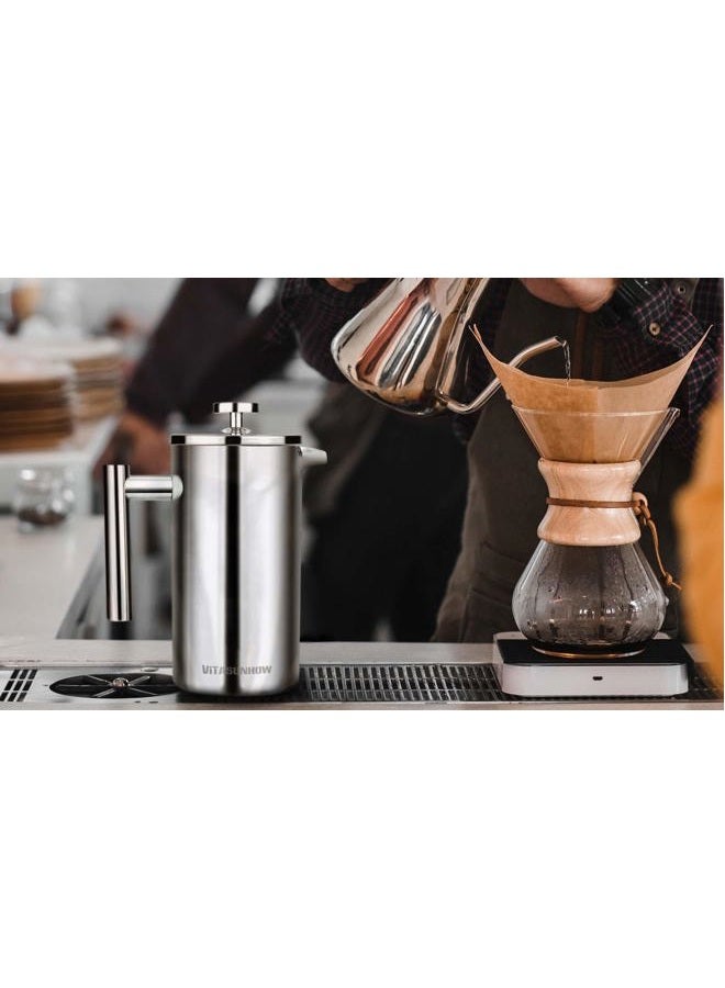 VITASUNHOW Insulated French Press Coffee Maker Stainless Steel Double-Wall Metal 3 Level Filtration System, Rust-Free Dishwasher Safe - Image 3