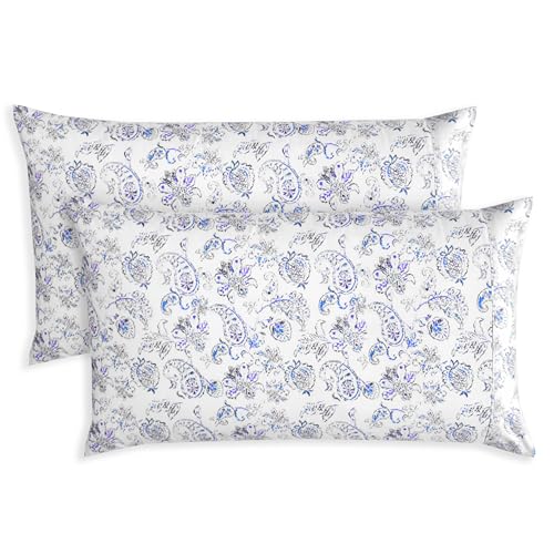 Elegant Comfort Ultra Soft Set of 2 Floral Print Pillowcases - 1500 Premium Hotel Quality Microfiber, Soft and Smooth Envelope Closure 2-Piece Pillow Covers - Standard/Queen, Paisley Indigo