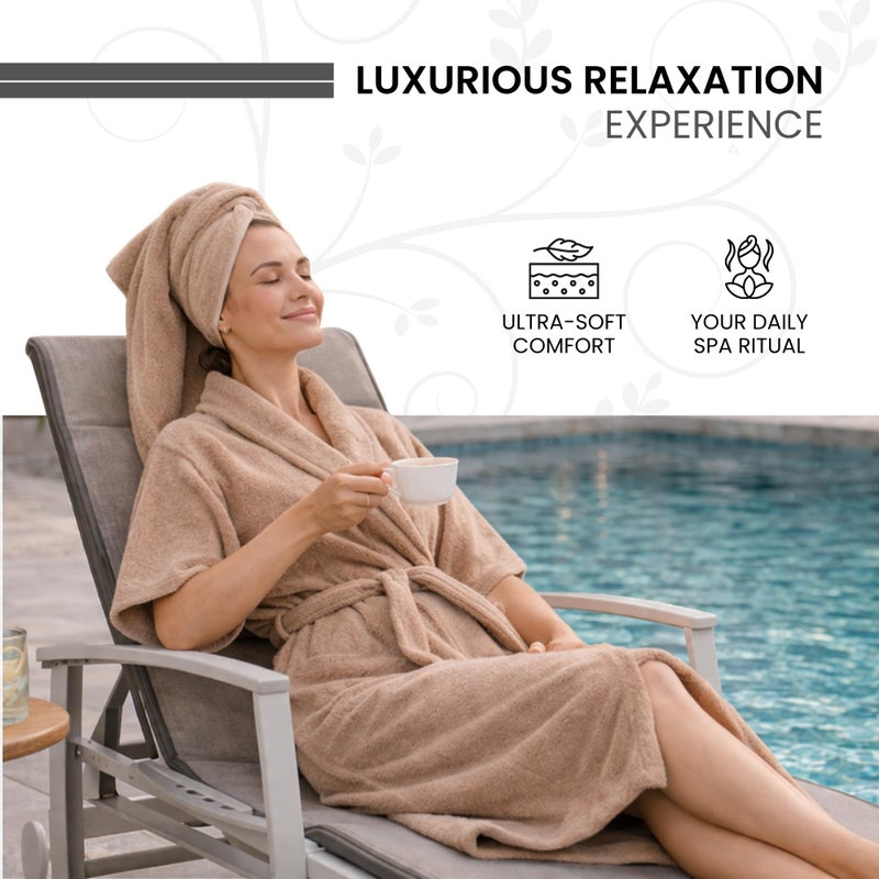 R.S Décor 8-Piece Terry Cotton Bathrobe Set | Luxury Gents & Ladies Robe with Towels, Hand Towels & Slippers | Soft, Absorbent & Premium Spa Set (Light Brown) - Image 4