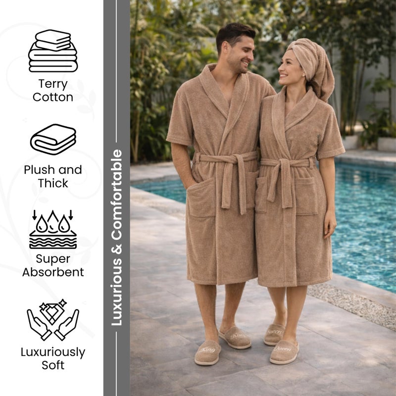 R.S Décor 8-Piece Terry Cotton Bathrobe Set | Luxury Gents & Ladies Robe with Towels, Hand Towels & Slippers | Soft, Absorbent & Premium Spa Set (Light Brown) - Image 3