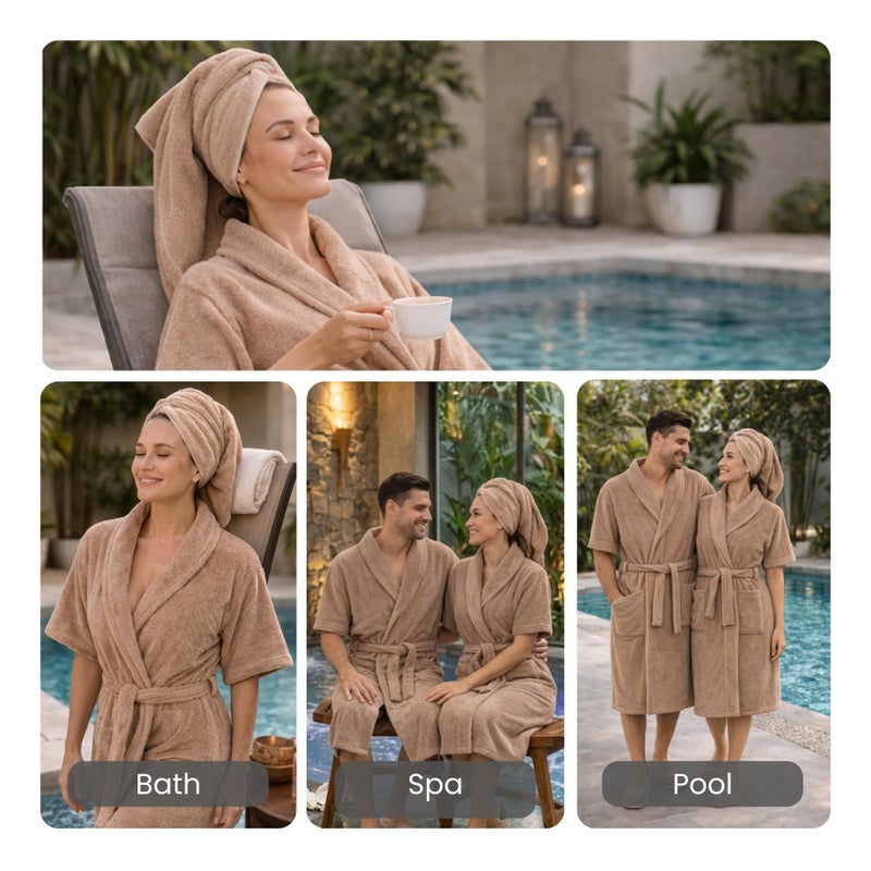 R.S Décor 8-Piece Terry Cotton Bathrobe Set | Luxury Gents & Ladies Robe with Towels, Hand Towels & Slippers | Soft, Absorbent & Premium Spa Set (Light Brown) - Image 5