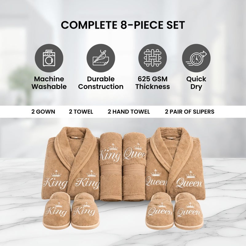 R.S Décor 8-Piece Terry Cotton Bathrobe Set | Luxury Gents & Ladies Robe with Towels, Hand Towels & Slippers | Soft, Absorbent & Premium Spa Set (Light Brown) - Image 2