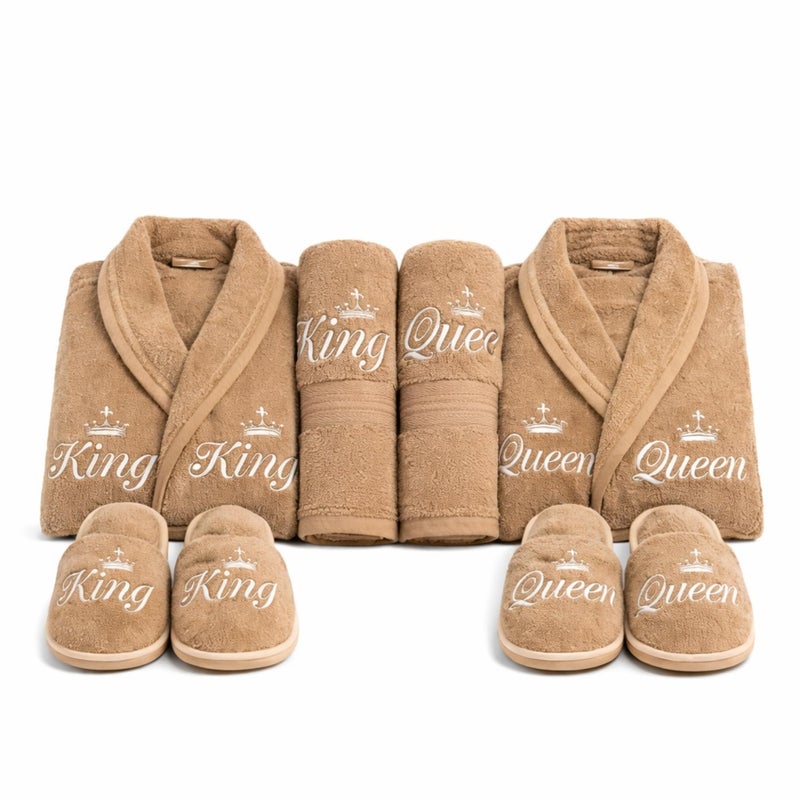 R.S Décor 8-Piece Terry Cotton Bathrobe Set | Luxury Gents & Ladies Robe with Towels, Hand Towels & Slippers | Soft, Absorbent & Premium Spa Set (Light Brown) - Image 1
