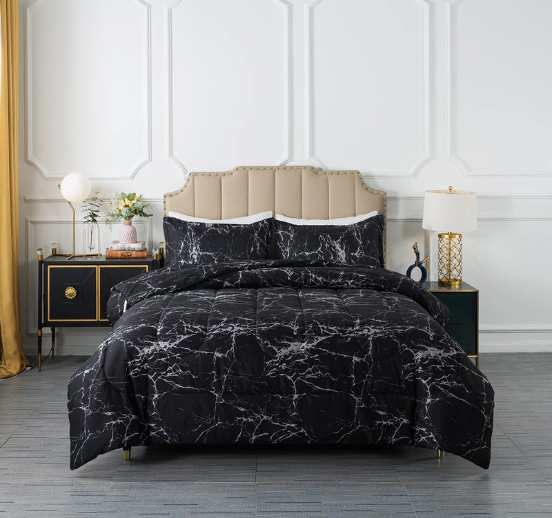 Caressma Black Marble Comforter Set Twin Size  Modern Pattern Soft Microfiber Bedding Comforter Set  Down Alternative Comforter with Pillowcase for All Season (68 * 90"")