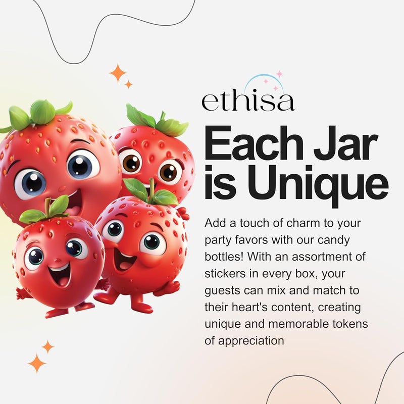 Ethisa 12 Pack Strawberry Party Favors - DIY Candy Jars with Ribbons and Sticker - Party Decoration Bottles for Berry First Birthday, School Classroom, and Baby Shower - Kids Table Centerpiece Gifts - Image 3