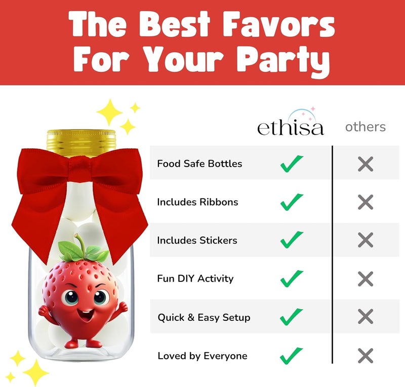 Ethisa 12 Pack Strawberry Party Favors - DIY Candy Jars with Ribbons and Sticker - Party Decoration Bottles for Berry First Birthday, School Classroom, and Baby Shower - Kids Table Centerpiece Gifts - Image 5