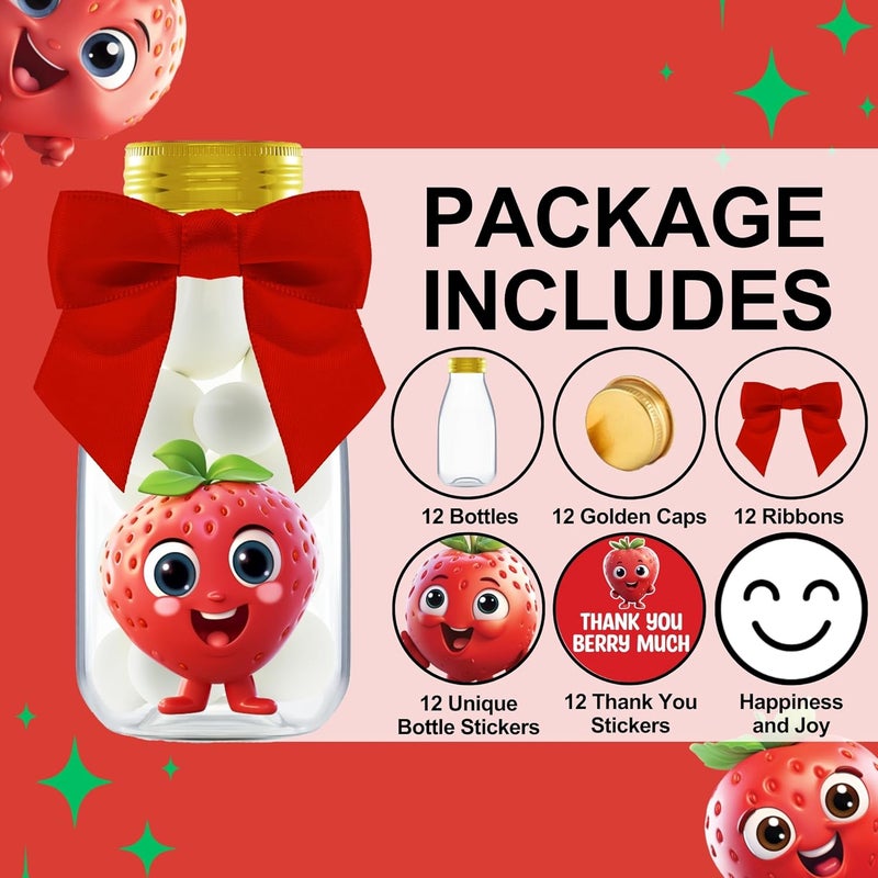 Ethisa 12 Pack Strawberry Party Favors - DIY Candy Jars with Ribbons and Sticker - Party Decoration Bottles for Berry First Birthday, School Classroom, and Baby Shower - Kids Table Centerpiece Gifts - Image 2