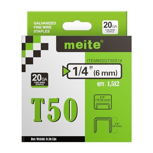 meite Heavy Duty Staples, 1/4 Inch Length T50 Staples for Staple Gun, Galvanized, 20 Gauge 3/8 Inch Crown, Compatible with T50 Staple Gun, Ideal for Upholstery, Construction, Furniture (1,512 Counts) - Image 1