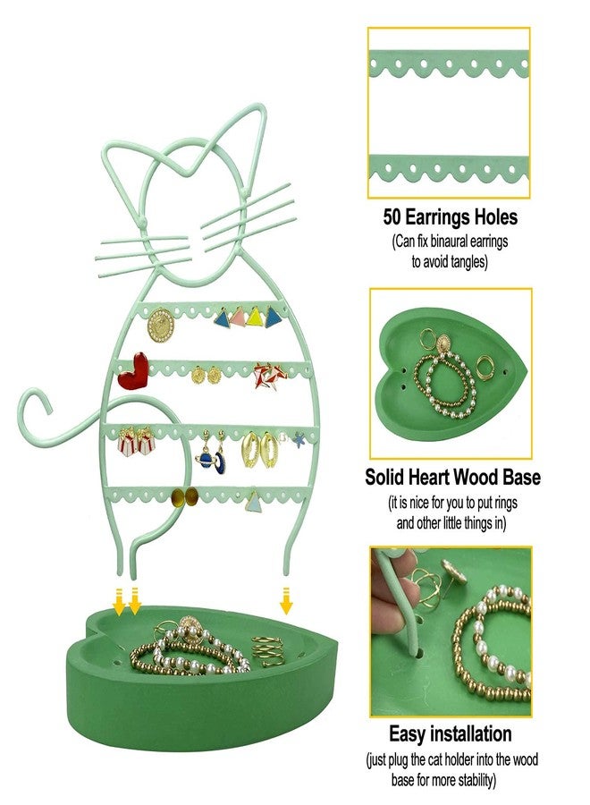 ERYTLLY Earring Holder Organizer, Cat Shaped Earring Organizer Stand With Wood Base Necklace Organizer-47 Stud Earrings Holes Bracelet Holder (Mint Green) - Image 4