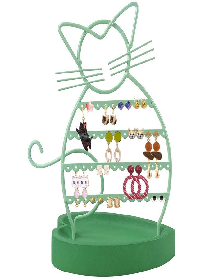ERYTLLY Earring Holder Organizer, Cat Shaped Earring Organizer Stand With Wood Base Necklace Organizer-47 Stud Earrings Holes Bracelet Holder (Mint Green) - Image 1