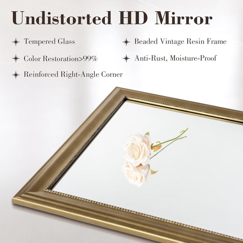 Axeman 22x30 Rectangular Wall Mirror, Decorative Bathroom Mirror, Traditional Vintage Wall Mounted Mirror with Beaded Frame for Accent Living Room Vanity Bedroom Entryway, Gold - Image 3
