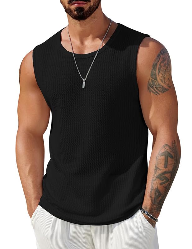 THE BLAZZE Men's Knitted Tank Tops Sleeveless Casual T Shirts Summer Beach Tank Shirts Waffle Tee B L2712 VK 5000 (4XL, BLK) - Image 1