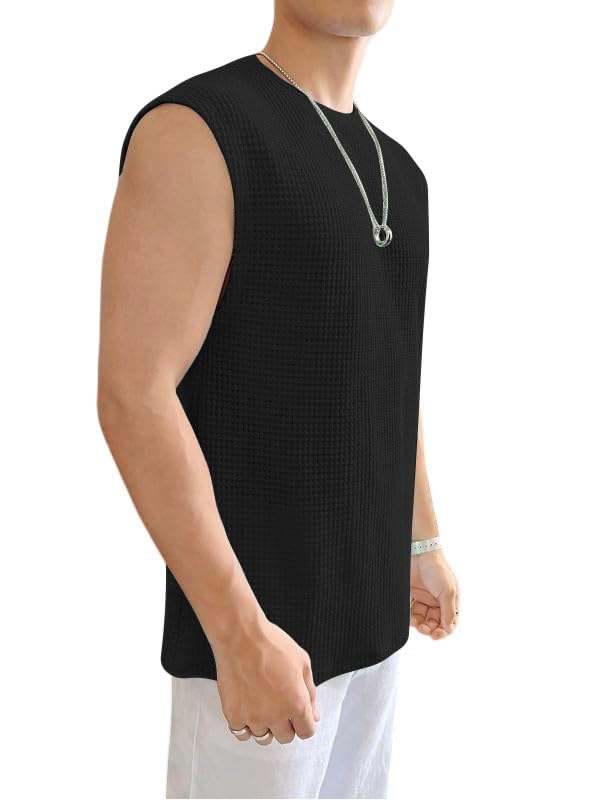 THE BLAZZE Men's Knitted Tank Tops Sleeveless Casual T Shirts Summer Beach Tank Shirts Waffle Tee B L2712 VK 5000 (4XL, BLK) - Image 4
