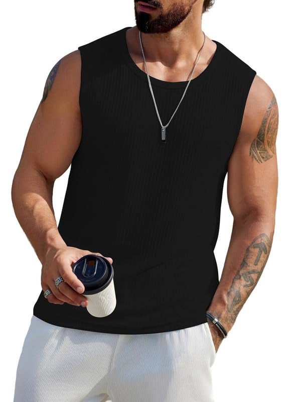 THE BLAZZE Men's Knitted Tank Tops Sleeveless Casual T Shirts Summer Beach Tank Shirts Waffle Tee B L2712 VK 5000 (4XL, BLK) - Image 3