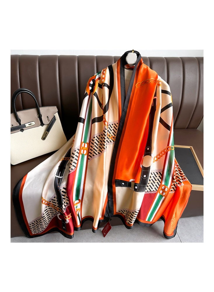 Zeemey Colorful chain pattern silk scarf, fashionable contrast color silk scarf for women, orange, beige, red and other colors splicing, integrating chain, woven pattern and other elements, smooth texture, large size can be used as scarf, shawl, enhance the style of wearing - Image 2