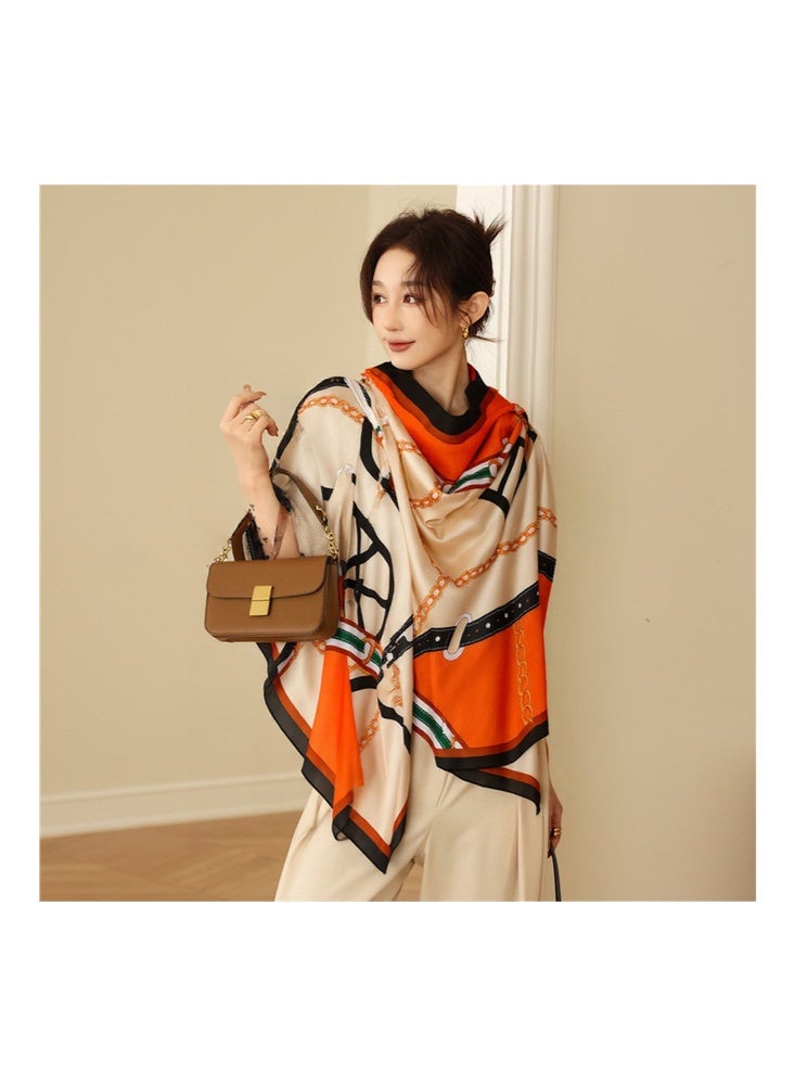 Zeemey Colorful chain pattern silk scarf, fashionable contrast color silk scarf for women, orange, beige, red and other colors splicing, integrating chain, woven pattern and other elements, smooth texture, large size can be used as scarf, shawl, enhance the style of wearing - Image 4