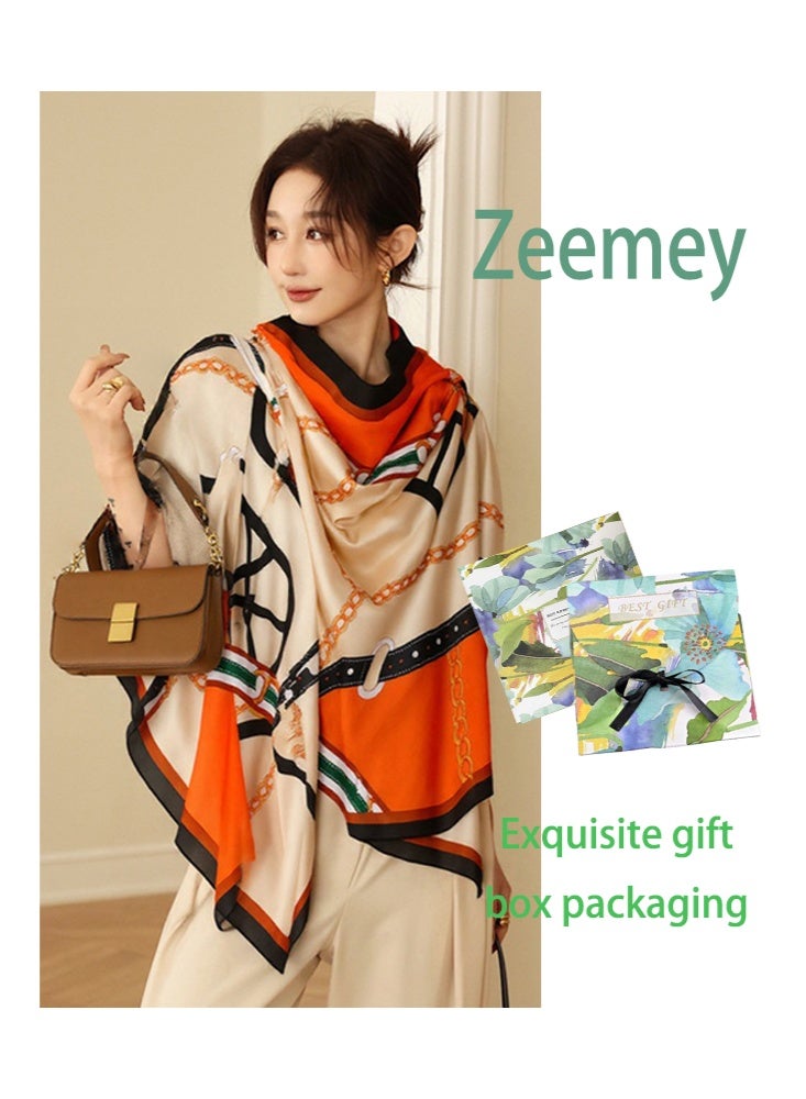 Zeemey Colorful chain pattern silk scarf, fashionable contrast color silk scarf for women, orange, beige, red and other colors splicing, integrating chain, woven pattern and other elements, smooth texture, large size can be used as scarf, shawl, enhance the style of wearing - Image 1