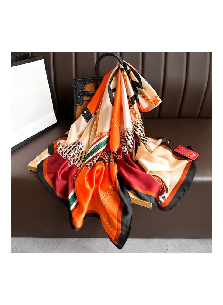 Zeemey Colorful chain pattern silk scarf, fashionable contrast color silk scarf for women, orange, beige, red and other colors splicing, integrating chain, woven pattern and other elements, smooth texture, large size can be used as scarf, shawl, enhance the style of wearing - Image 3