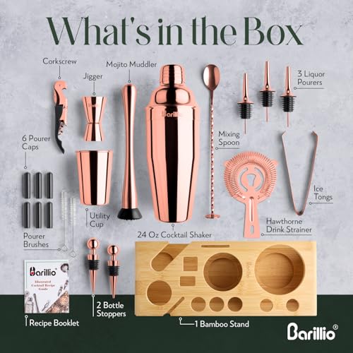Barillio Rose Gold Bartender Kit - Stainless-Steel Cocktail Shaker Set w/Bamboo Stand - Mixology Bar Tools w/Drink Shaker, Mixer and Muddler for Cocktails - Home Bar Accessories - 23-Pc Bar Set - Image 5