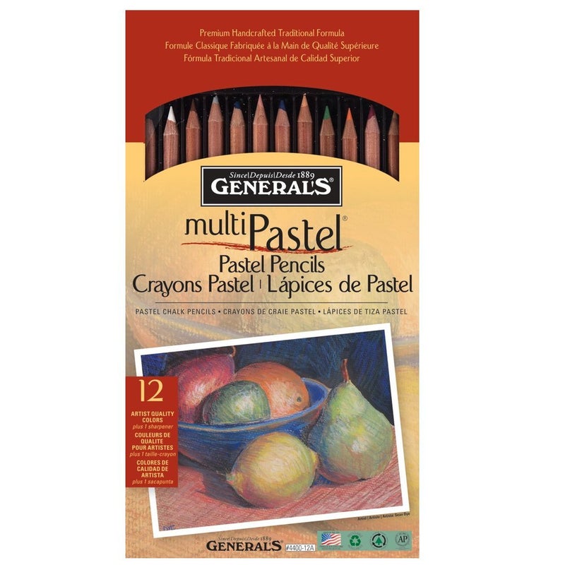 GENERALS MultiPastel Chalk Pencils12 Color 440012A AcidFree OilFree Cedar Wood Barrel Blendable Pastel Chalks for Paper Mixed Media Sewing