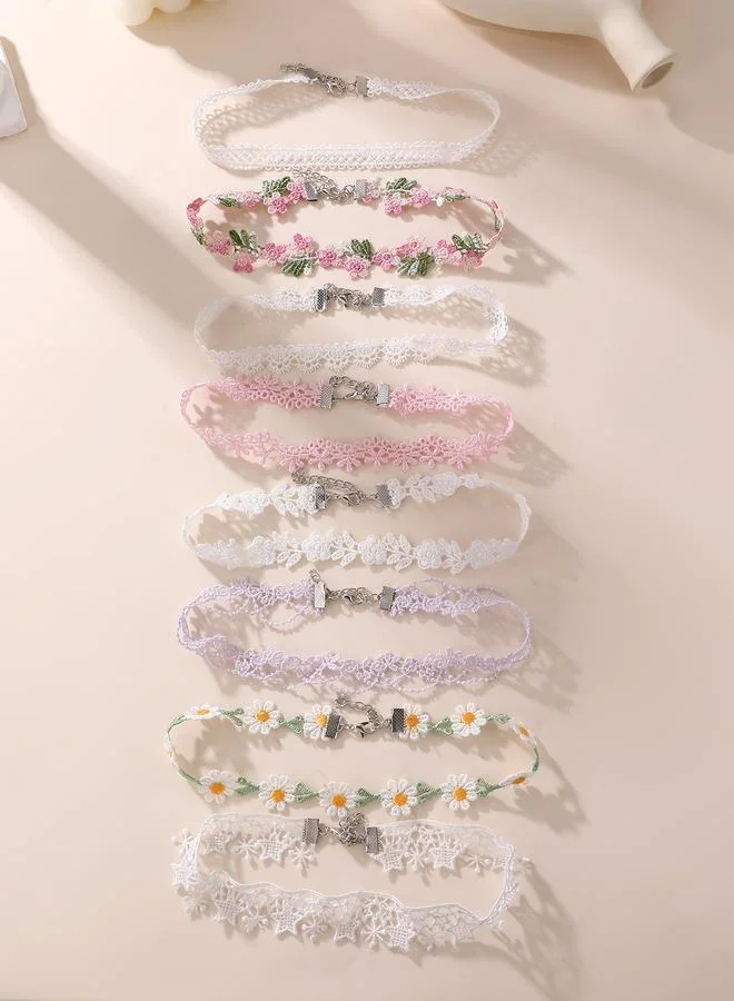 Take Two Pack of 8 - Girls Multi-Color Floral Lace Choker Necklaces