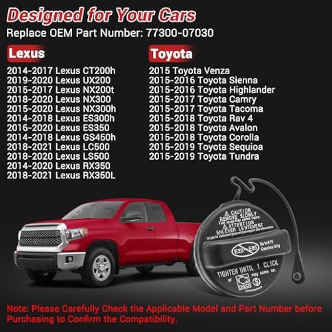 rayihni Replace 7730007030 7730053030 Gas CapFuel Cap Fits Toyota 2015 Venza 20152016 Highlander Sienna 20152017 Tacoma Camry 20152018 Rav 4 Corolla Avalon 20152019 Tundra Sequioa 7730053020More - Image 3