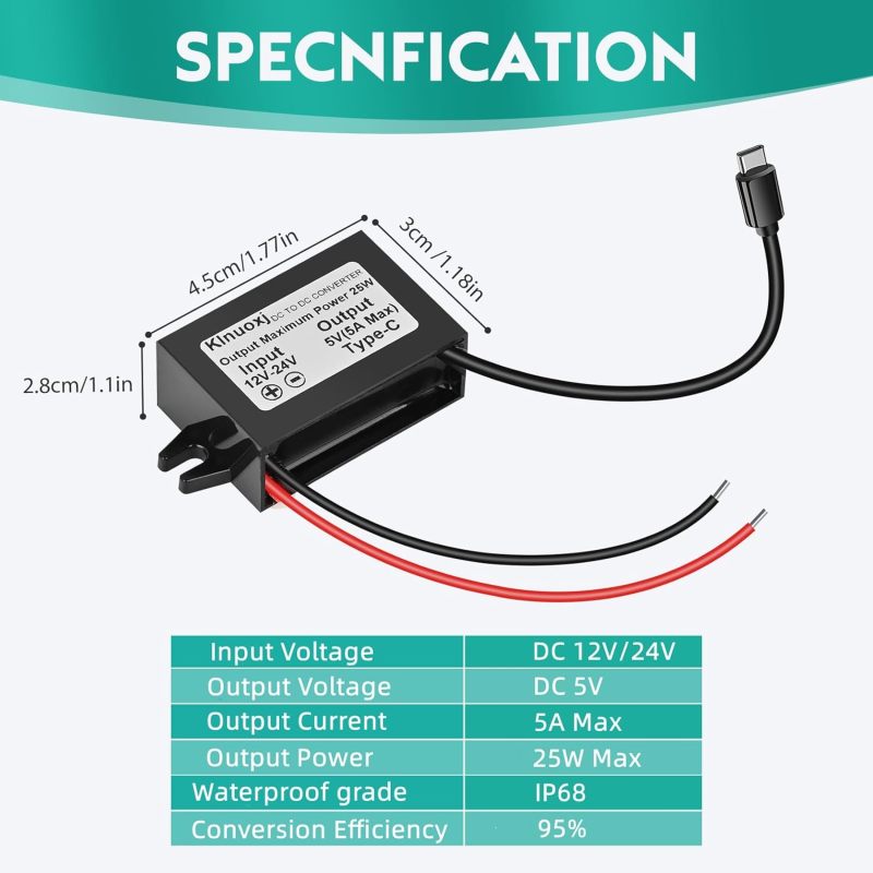 Dc To Usb C Converter 5A/25W Ip67 Waterproof Rugged Aluminum Shell Step Down Converter - Universal Compatibility Buck Converter Module For Car Boat Outdoor Station Raspberry Pi Diy Enthusiasts - Image 2