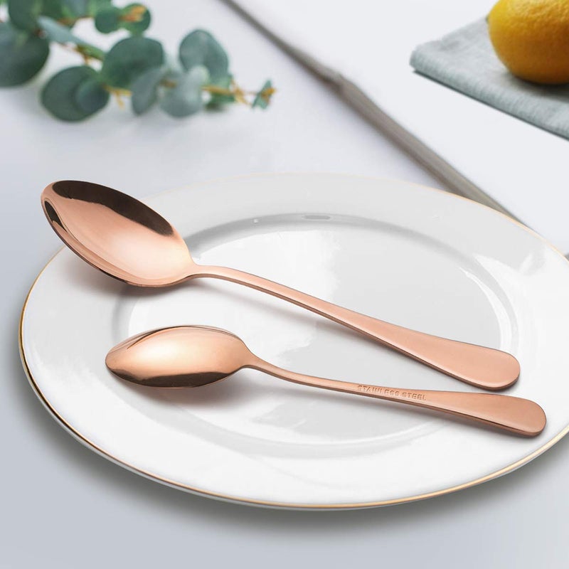 VIKIJO Pack of 8 Mirror Finish Rose Gold Plated Stainless Steel Flatware Set Copper Silverware Set Copper Color Cutlery Sets - Image 3