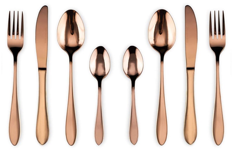 VIKIJO Pack of 8 Mirror Finish Rose Gold Plated Stainless Steel Flatware Set Copper Silverware Set Copper Color Cutlery Sets - Image 1