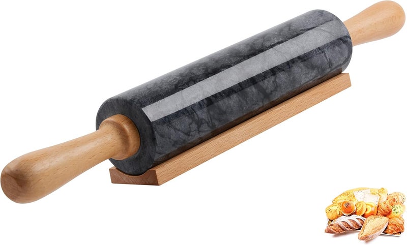 SIPARUI Marble Rolling Pin with Wooden Cradle Thick Handle Set for Baking,18.5 inch Premium Quality Polished Roller for Pizza Dough,Fondant,Pie Crust,Non-Stick Surface Easy to Clean(Black) - Image 1