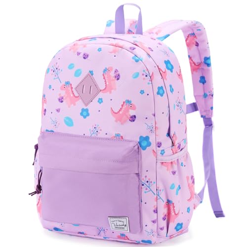 VASCHY Toddler Backpack for Girls Kids Water Resistant Lightweight Preschool Bookbag Daypack for Children Daycare Light Purple Dinos - Image 1